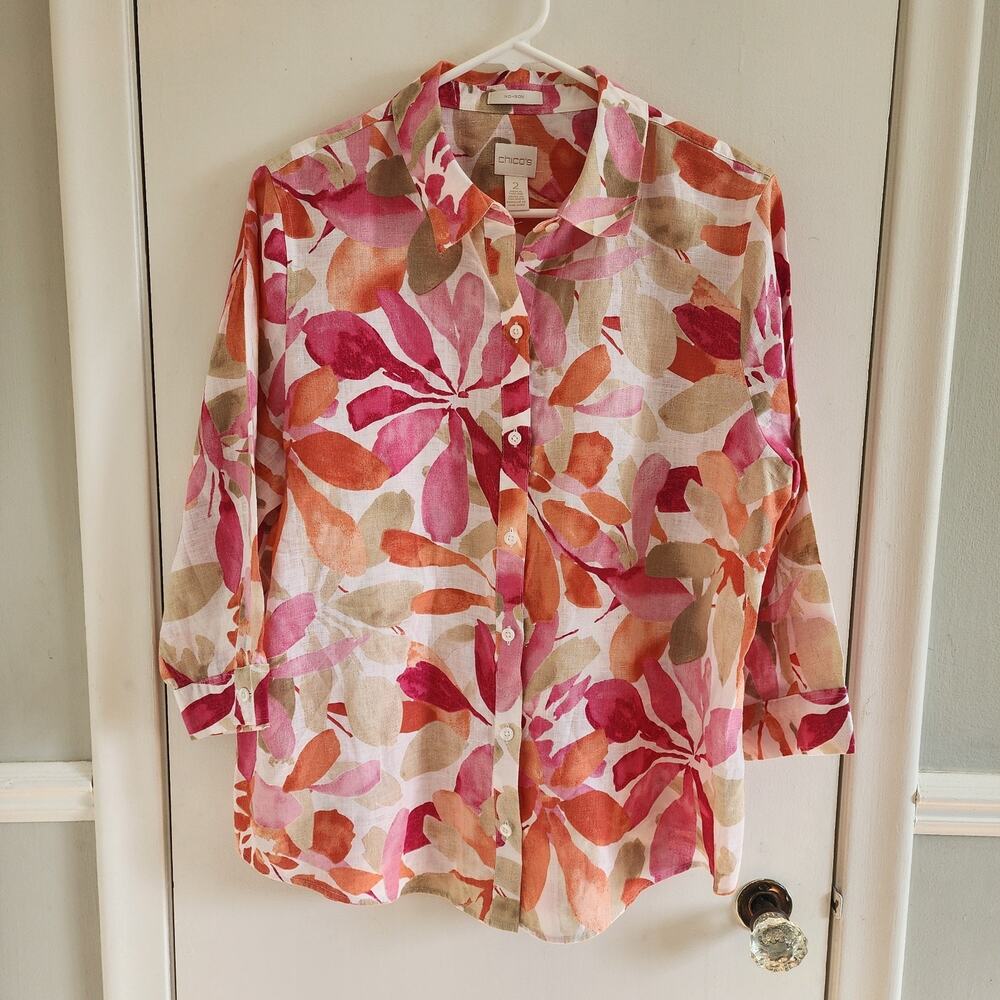Chico's Linen Button Up Shirt Size 2 US 12 Large Floral Flowers 3/4 Sleeves